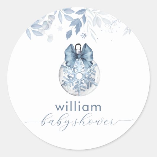 Sticker Rond Blue Winter Bow Snowflake Ornament Baby Shower  (Devant)