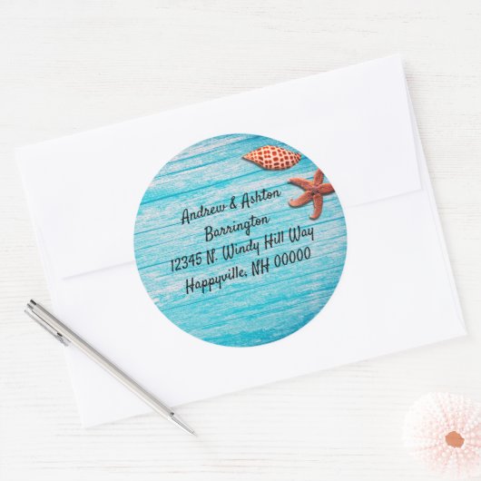 Sticker Rond Blue Wood Starfish Seashing Adresse de retour (Enveloppe)