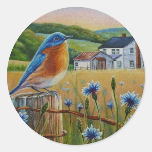 Sticker Rond Bluebird Cornflowers Summer Farm Waterart (Devant)