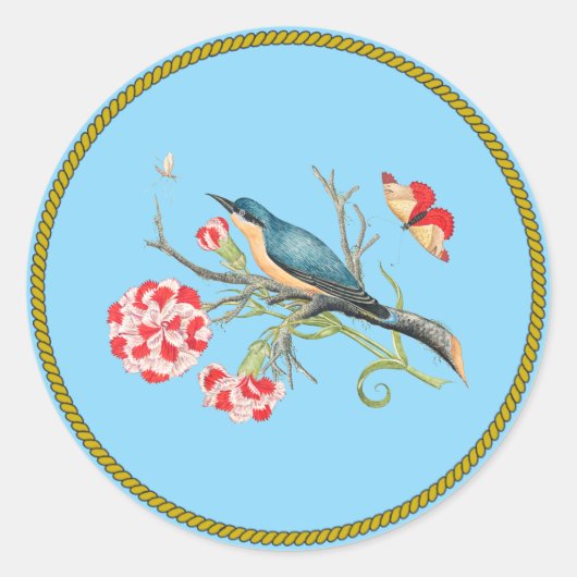 Sticker Rond Bluebird sur les oeillets, illustration vintage, (Devant)