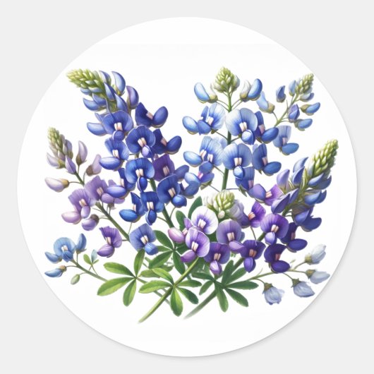 Sticker Rond Bluebonnets Texas State Flowers Lupine Watercolor (Devant)