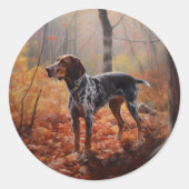 Sticker Rond Bluetick Coonhound en automne Leaves automne Inspi (Devant)