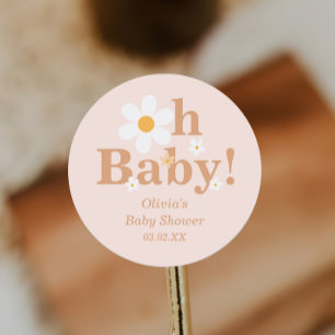 Sticker Rond Blush Boho Retro Daisy Oh Baby shower