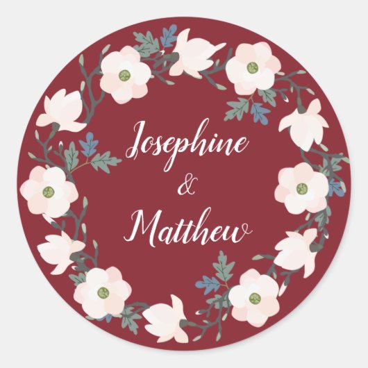 Sticker Rond Blush Floral Wreath Bourgogne Mariage personnalisé (Devant)