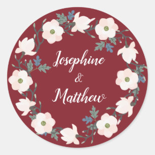 Sticker Rond Blush Floral Wreath Bourgogne Mariage personnalisé