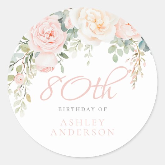 Sticker Rond Blush & Ivory Flowers 80e fête d'anniversaire (Devant)