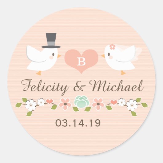 STICKER ROND BLUSH MONOGRAMMED DOVE INSÉPARABLES MARIAGE (Devant)