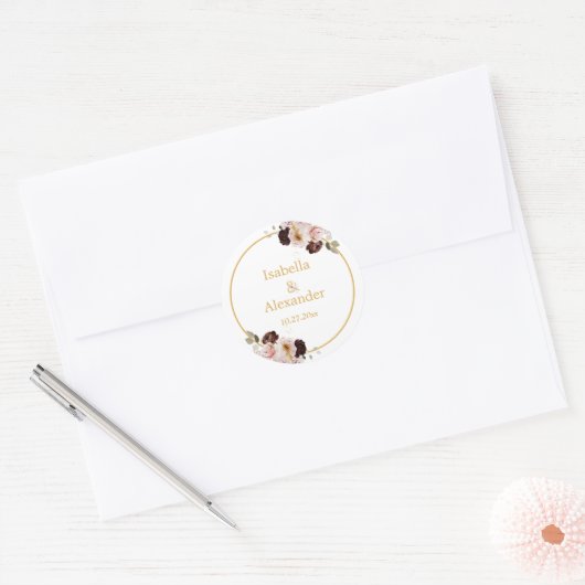 Sticker Rond Blush Peony & Gold Burgundy Floral Mariage (Enveloppe)