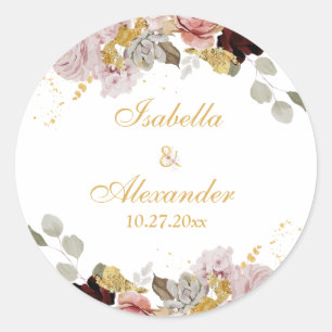 Sticker Rond Blush Peony & Gold Burgundy Floral Mariage