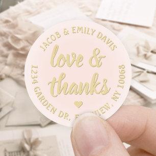 Sticker Rond Blush Pink and Gold Love & Thanks Adresse de retou