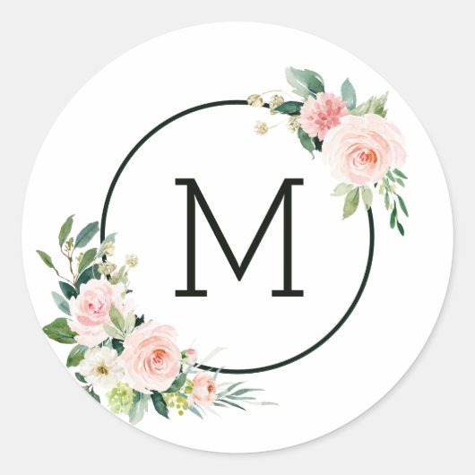 Sticker Rond Blush Pink Aquarelle Fleurs Monogramme (Devant)