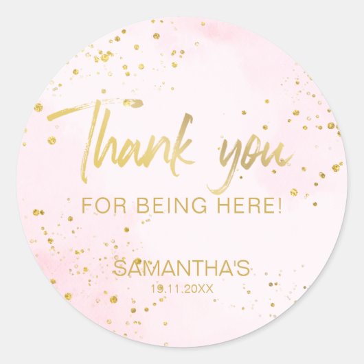Sticker Rond Blush Pink & Gold Confetti Sweet 16 Thank You (Devant)
