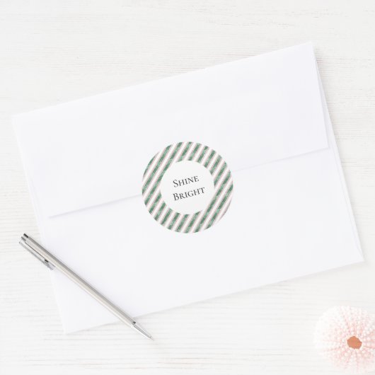 Sticker Rond Blush Pink Green Glitter Stripes  (Enveloppe)