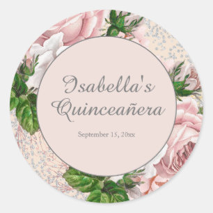 Sticker Rond Blush Pink Vintage Floral Glitter Quinceañera