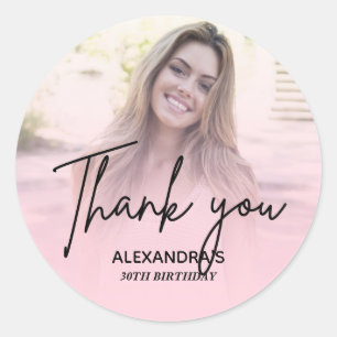 Sticker Rond Blush Rose Chic Dégradé Photo Anniversaire Merci
