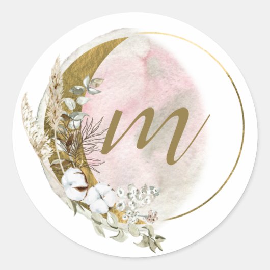 Sticker Rond Blush Rose Doré Monogramme Aquarelle Céleste (Devant)