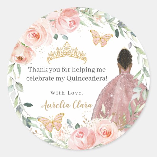 Sticker Rond Blush rose Floral Quinceañera Anniversaire Brown f (Devant)