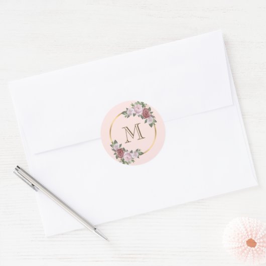 Sticker Rond Blush rose gold floral monogramme initiale (Enveloppe)