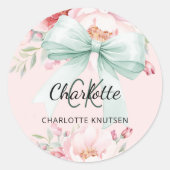 Sticker Rond Blush rose sauge vert bow florales monogramme (Devant)