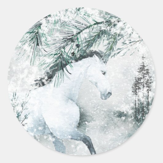Sticker Rond Blustering Winter Woodland Forest White Horse (Devant)