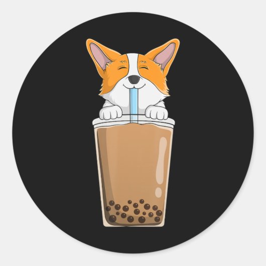 Sticker Rond Boba Milk Tea Kawaii Corgi Chiot Japonais Anime St (Devant)