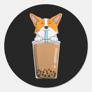 Sticker Rond Boba Milk Tea Kawaii Corgi Puppy Japanese Anime St