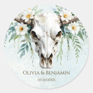 Sticker Rond Bohème Aquarelle Floral Vache Crâne Mariage