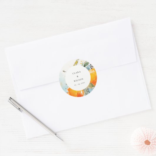 Sticker Rond Boho Abstrait Sketchy Orange Garden Mariage (Enveloppe)