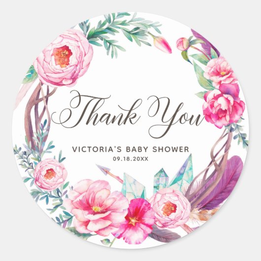 Sticker Rond Boho Aquarelle Peonies roses Merci de couronne (Devant)