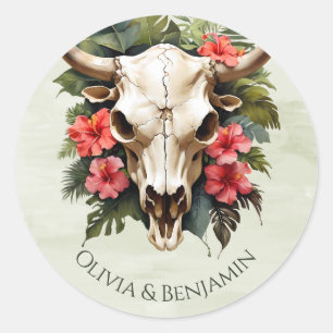 Sticker Rond Boho Aquarelle tropicale Floral Vache Mariage crân