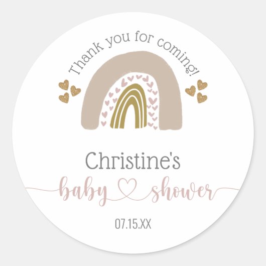 Sticker Rond Boho Arc-en-ciel rose Coeur bébé fille douche Merc (Devant)