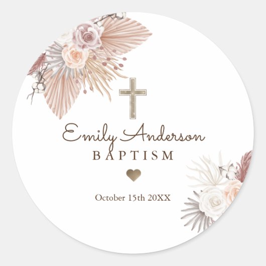 Sticker Rond Boho Baptême Pampas Grass Christening Favoriser (Devant)