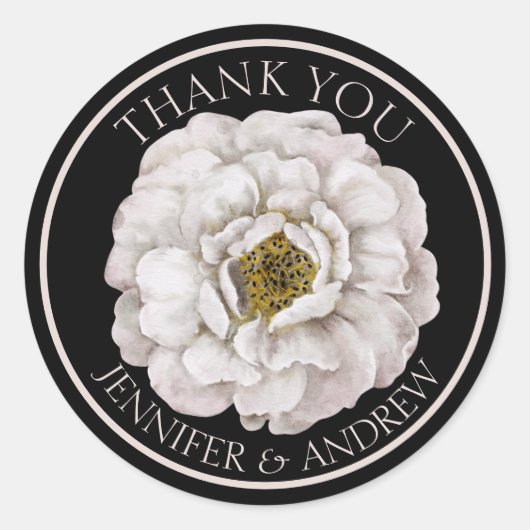 Sticker Rond Boho Blanc Floral & Noir Mariage Favoriser (Devant)