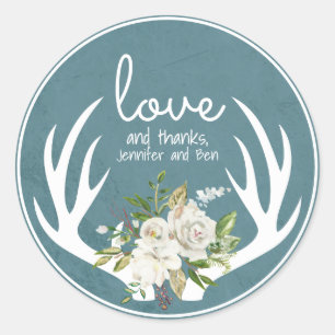 Sticker Rond Boho bleu et blanc Floral Boho Antlers Merci