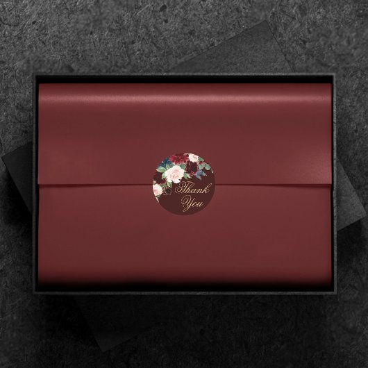 Sticker Rond Boho Bloom | Bourgogne foncée et Merci bleu marine