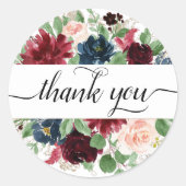 Sticker Rond Boho Bloom | Burgundy Rouge et Merci bleu marine (Devant)