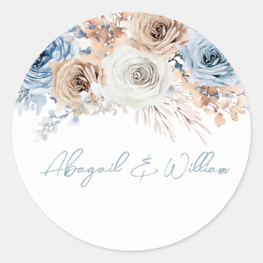 Sticker Rond Boho Blue : Dusty Blue Bohemian Floral Mariage (Devant)