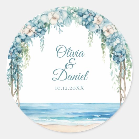 Sticker Rond Boho Blue Floral Arch Beach Mariage (Devant)