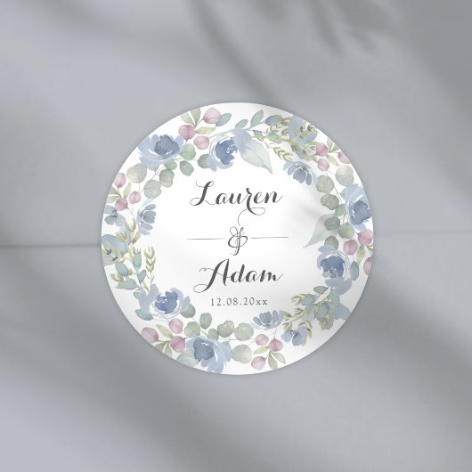 Sticker Rond Boho Blue Floral & Eucalyptus Wreath Wedding