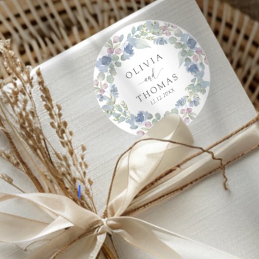 Sticker Rond Boho Blue Floral Wreath Wedding