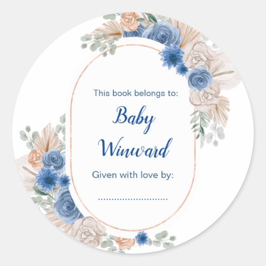 Sticker Rond Boho Blue Pampas Grass Baby shower (Devant)