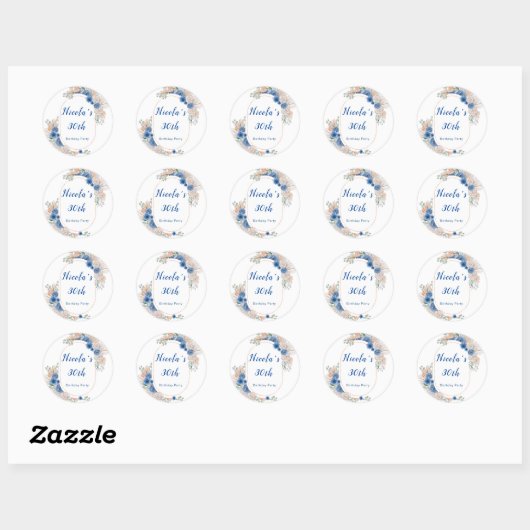 Sticker Rond Boho Blue Pampas Herbe Anniversaire (Feuille)