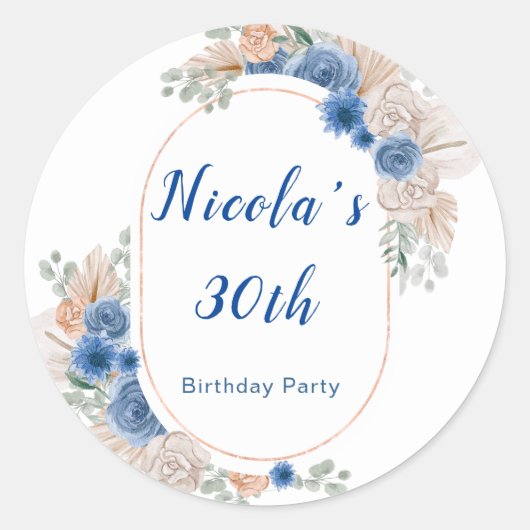 Sticker Rond Boho Blue Pampas Herbe Anniversaire (Devant)