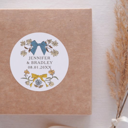 Sticker Rond Boho Blue Yellow Ribbons Floral Wedding Favoriser
