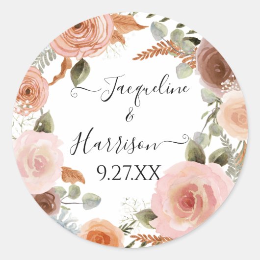 Sticker Rond BOHO Blush Floral Peach Rust Vert Aquarelle (Devant)