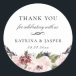 Sticker Rond Boho Blush Plum Floral Wedding Favoriser<br><div class="desc">Bouquet d'aquarelle Boho-Chic de fleurs et branches botaniques dans les tons rose vif et violet prune,  autocollant personnalisé de faveur de mariage. Conçu pour s'adapter à notre collection de fleurs de Blush et de Plum.</div>