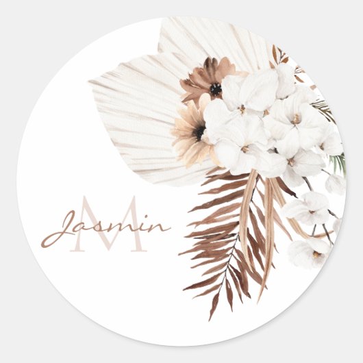 Sticker Rond Boho Brown Pampas Grass Orchidées Blanches Monogra (Devant)