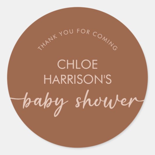 Sticker Rond Boho Brown Terracotta Baby shower Script beige (Devant)