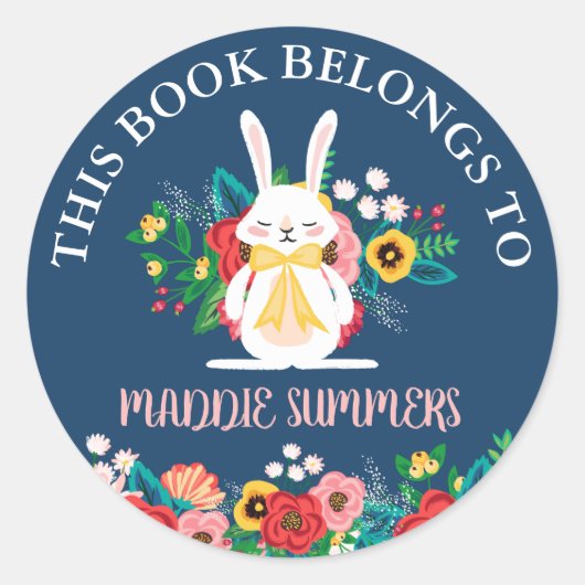 Sticker Rond Boho Bunny | Floral Ce Livre Appartient À (Devant)