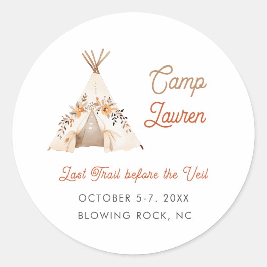Sticker Rond Boho Camping Tente Bachelorette Party (Devant)